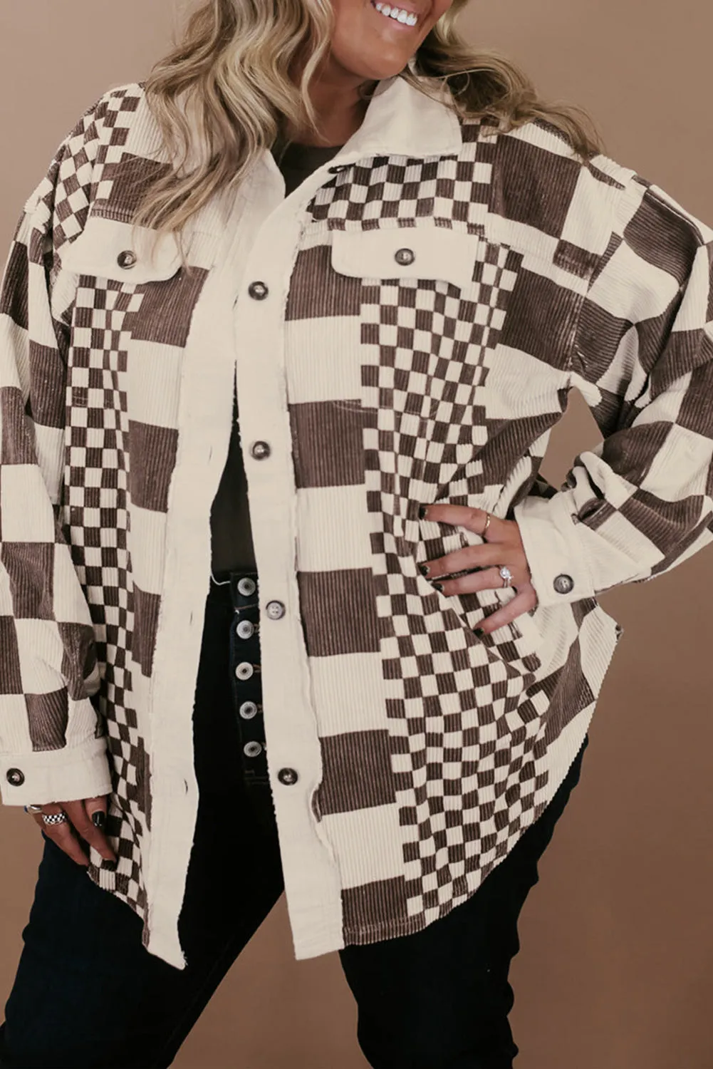 Brown Colour Block Checkered Print Corduroy Plus Size Shacket sold by Beagle Boutique product image thumbnail 5