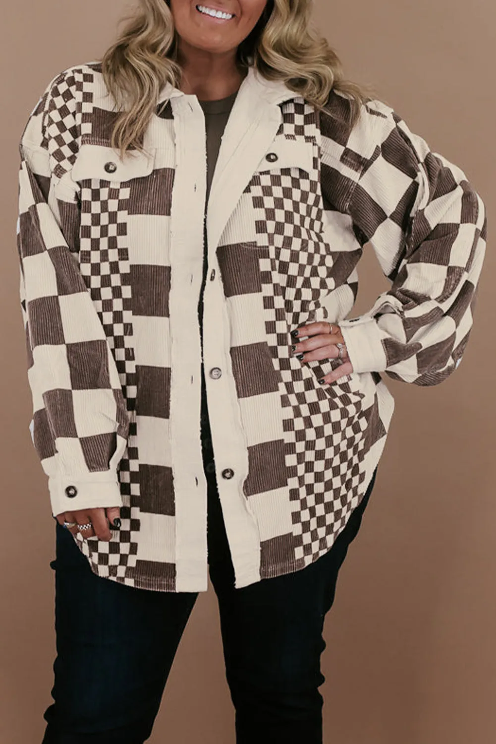 Brown Colour Block Checkered Print Corduroy Plus Size Shacket sold by Beagle Boutique