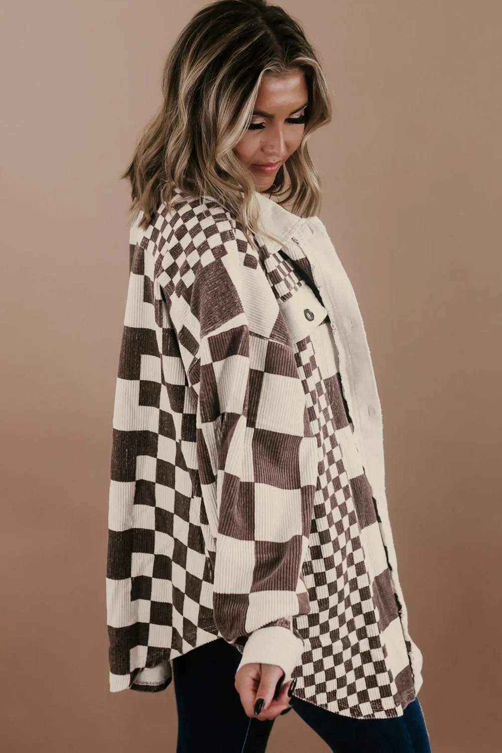 Brown Colour Block Checkered Print Corduroy Plus Size Shacket sold by Beagle Boutique product image thumbnail 3