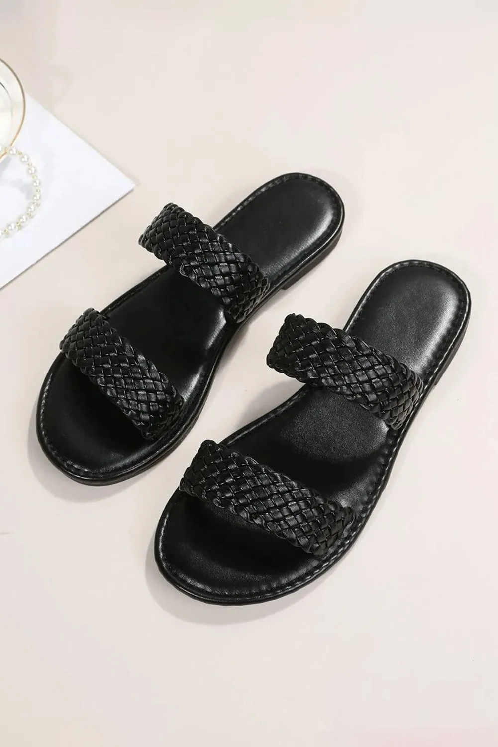Black Braided Double Band Leathered Flat Sandals sold by Beagle Boutique product image thumbnail 5