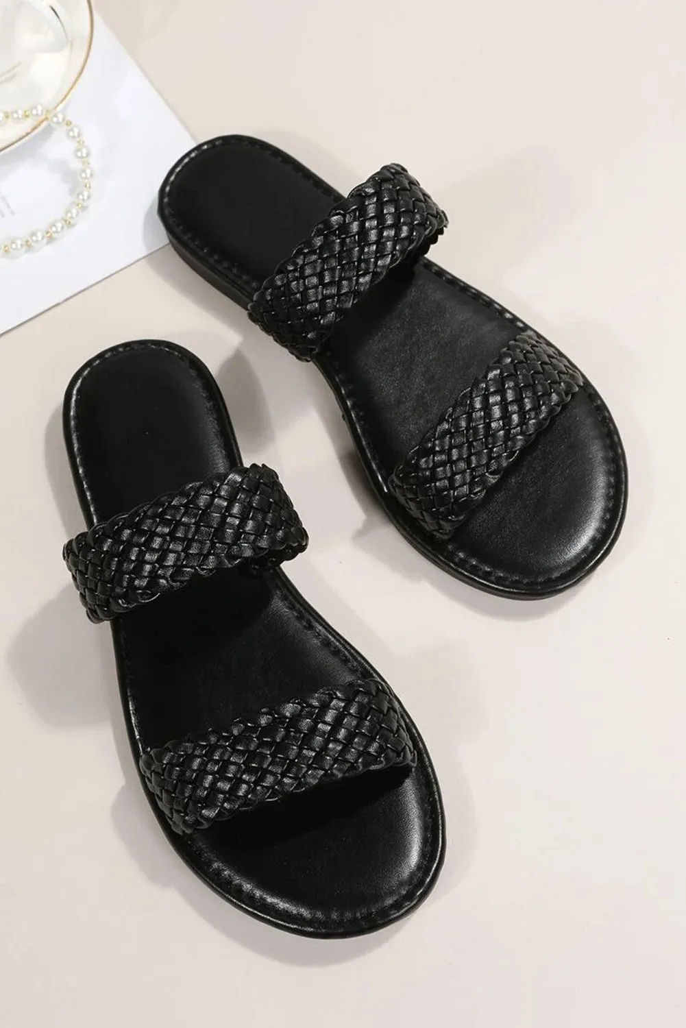 Black Braided Double Band Leathered Flat Sandals sold by Beagle Boutique product image thumbnail 4