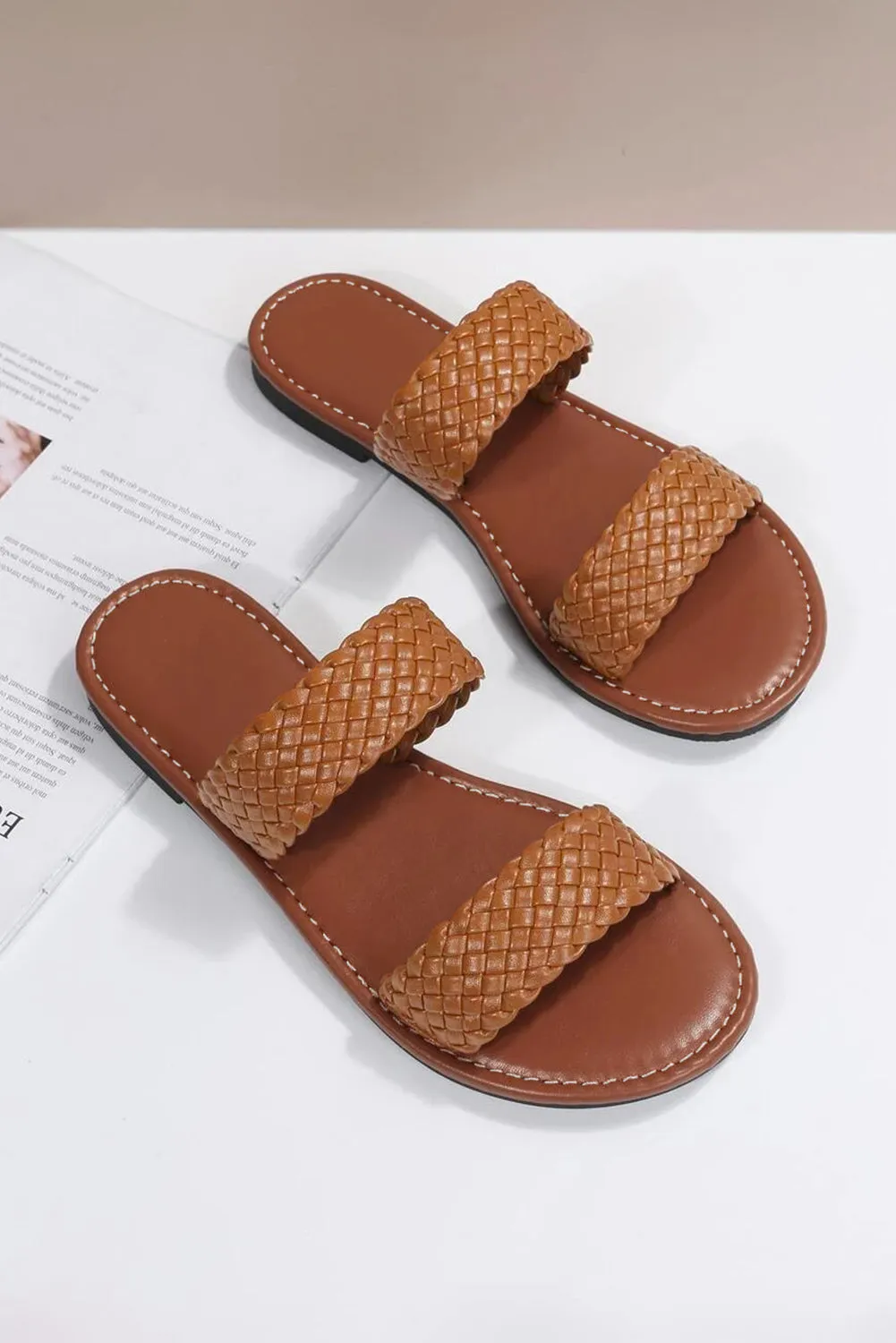 Chestnut Braided Double Band Leathered Flat Sandals sold by Beagle Boutique product image thumbnail 4