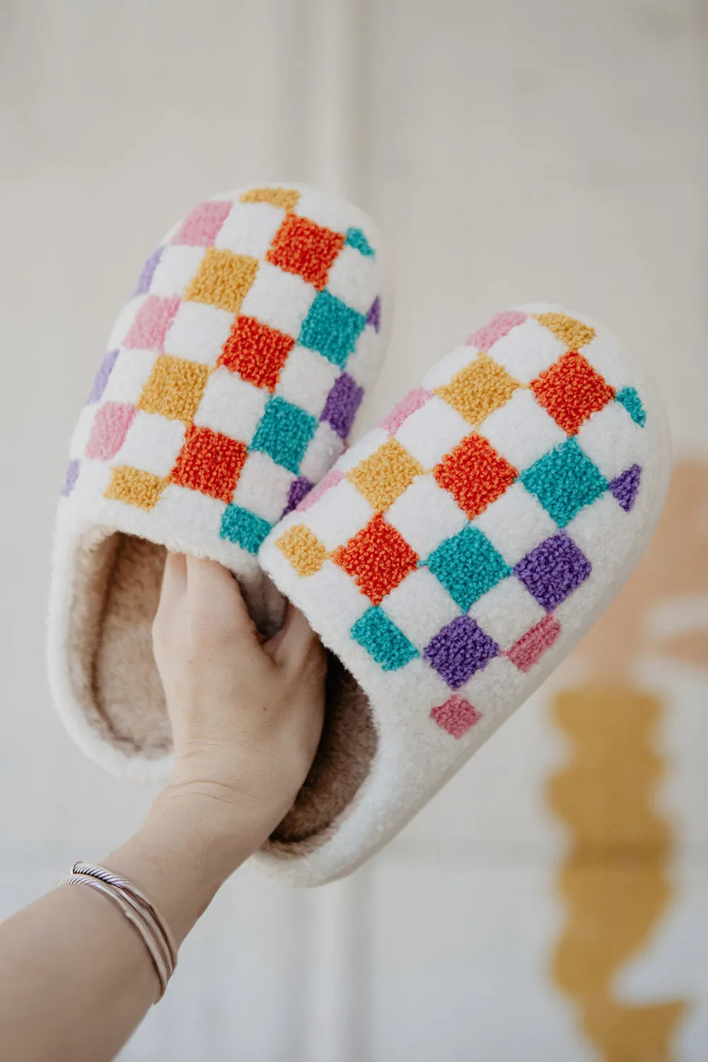 White Vibrant Checkered Plush Thermal Slippers sold by Beagle Boutique product image thumbnail 3