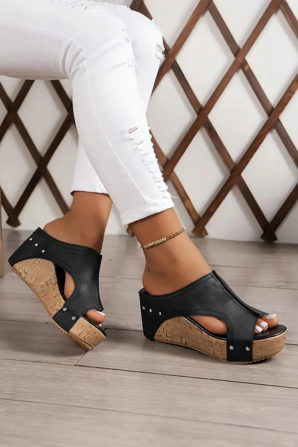 Black Hollow Out Studded PU Leather Wedge Sandals sold by Beagle Boutique product image thumbnail 5