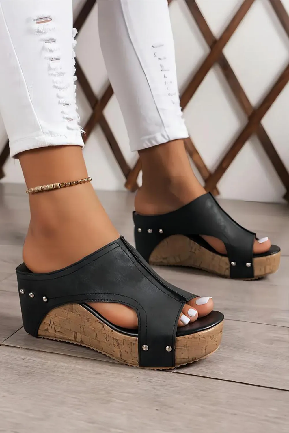 Black Hollow Out Studded PU Leather Wedge Sandals sold by Beagle Boutique product image thumbnail 3