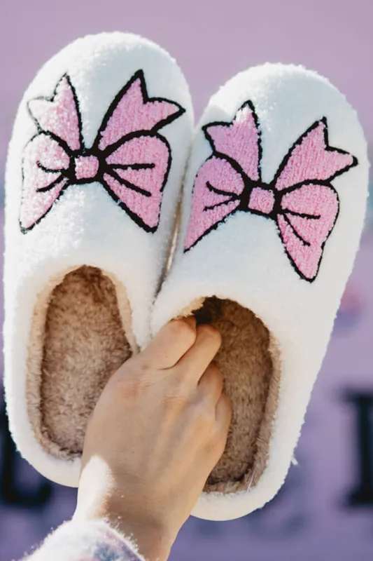 White Cute Bowknot Pattern Fuzzy Winter Home Slippers sold by Beagle Boutique