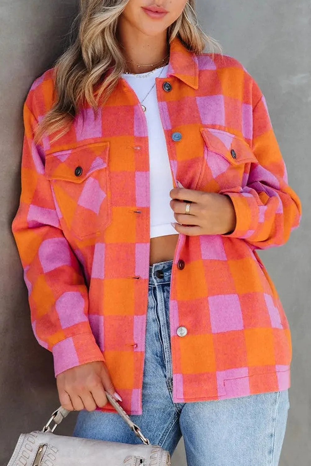 Orange Plaid Chest Pockets Button-up Turn Down Collar Jacket sold by Beagle Boutique