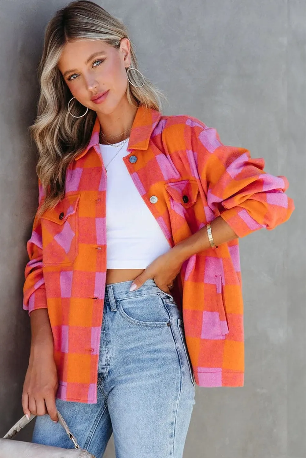 Orange Plaid Chest Pockets Button-up Turn Down Collar Jacket sold by Beagle Boutique product image thumbnail 3