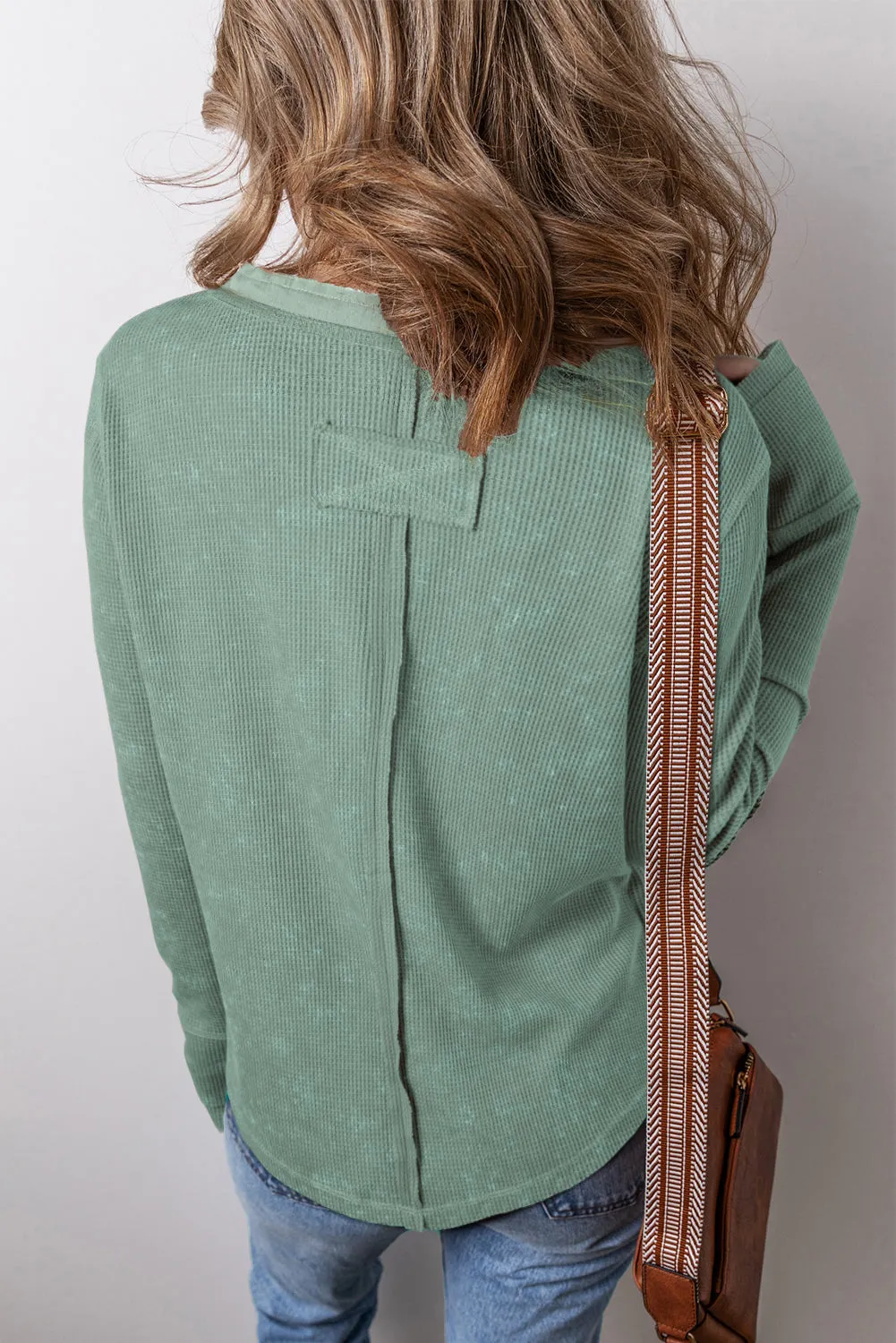 Smoke Green Acid Wash Waffle Knit Buttoned Neckline Long Sleeve Top sold by Beagle Boutique product image thumbnail 2