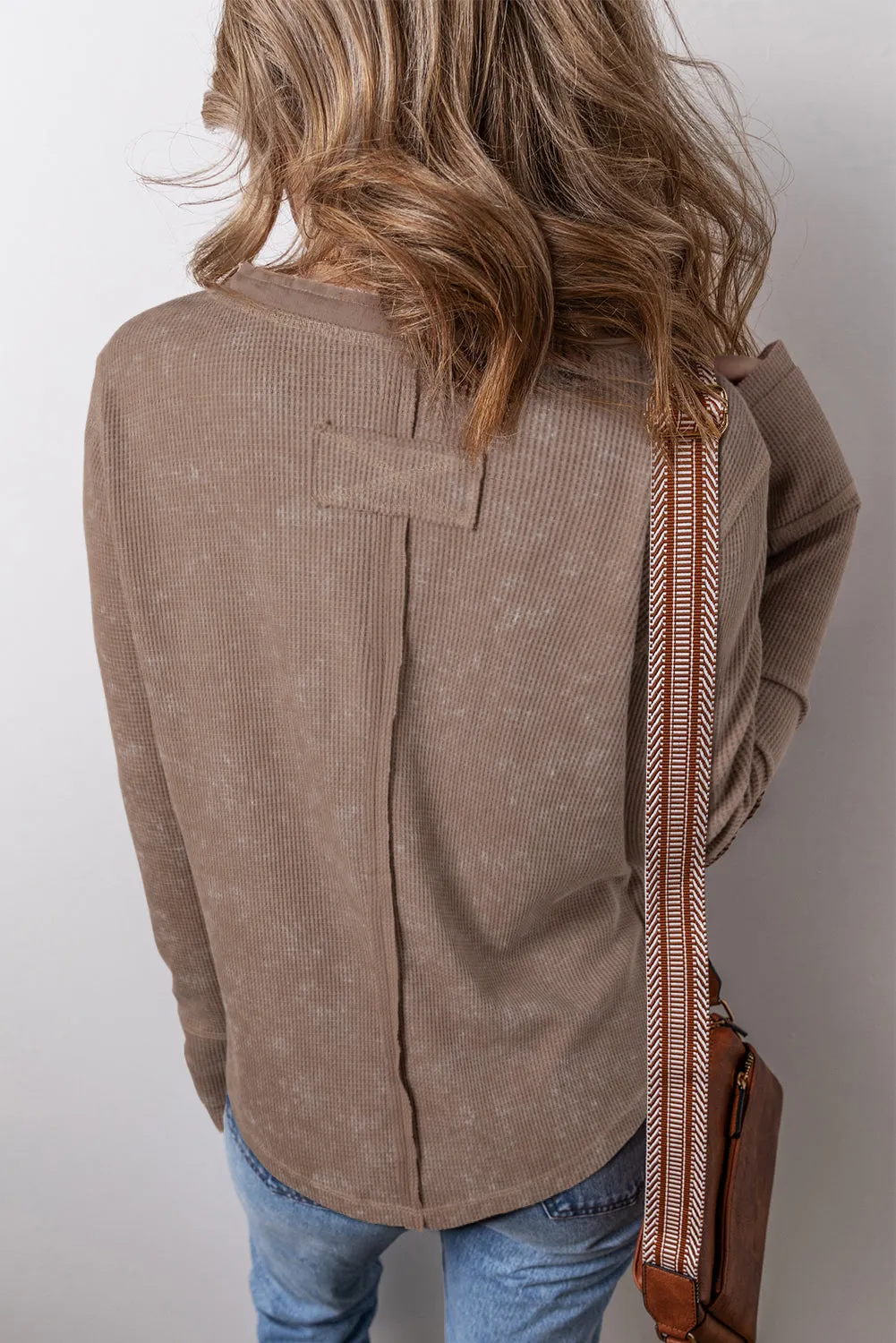 Smoke Green Acid Wash Waffle Knit Buttoned Neckline Long Sleeve Top sold by Beagle Boutique product image thumbnail 4