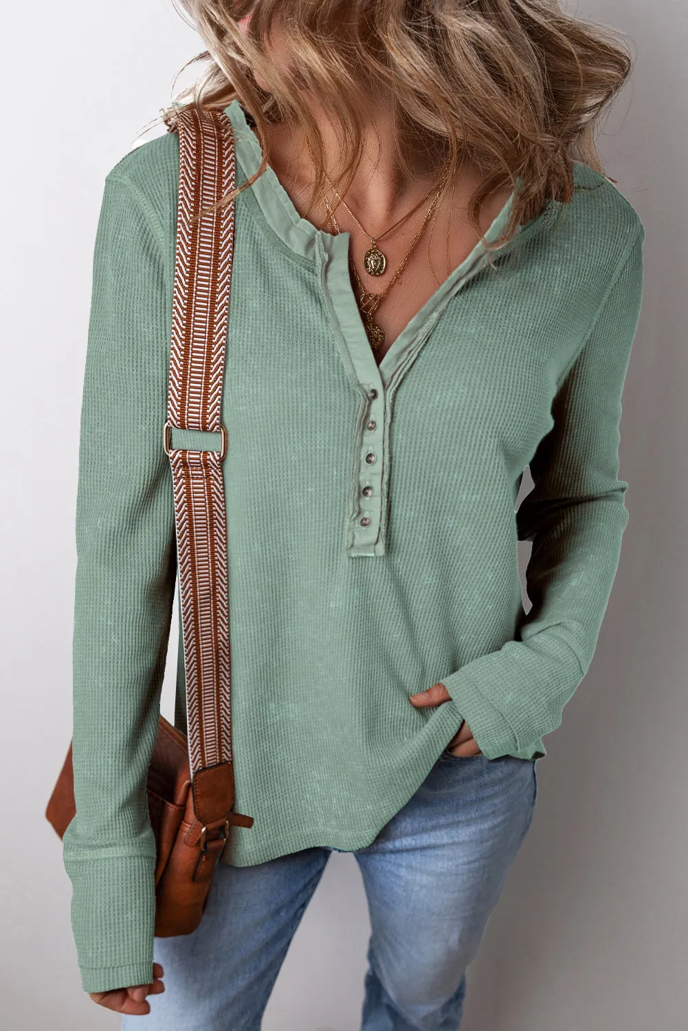 Smoke Green Acid Wash Waffle Knit Buttoned Neckline Long Sleeve Top sold by Beagle Boutique