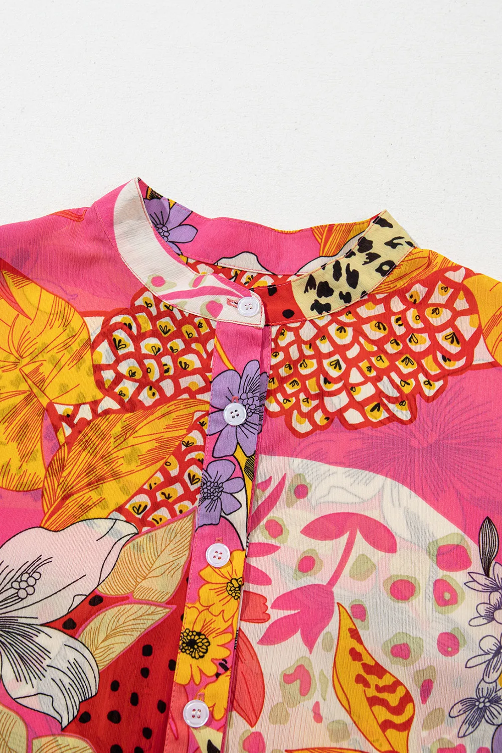 Red Abstract Floral Print Buttoned Ruffled Bubble Sleeve Shirt sold by Beagle Boutique product image thumbnail 3