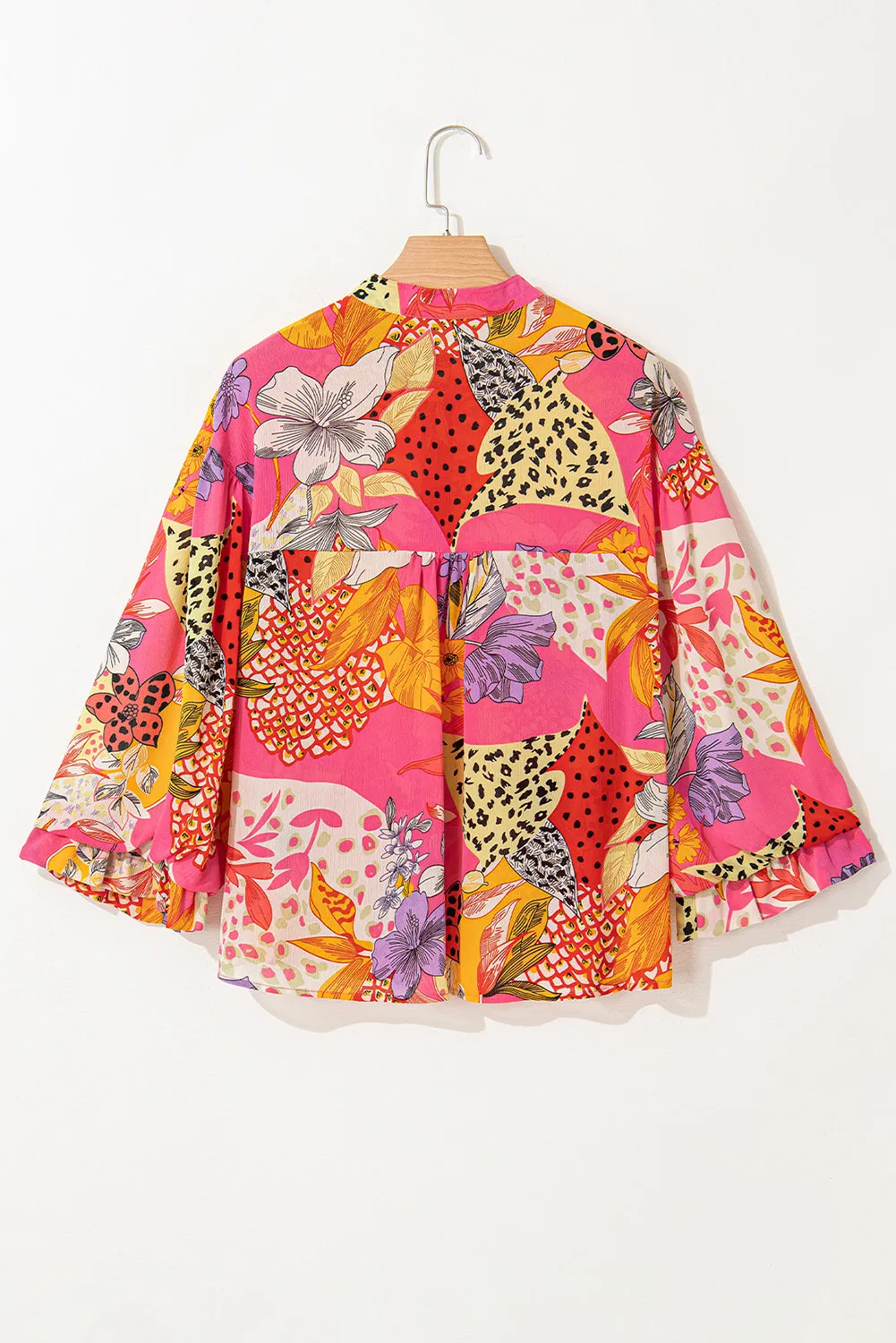 Red Abstract Floral Print Buttoned Ruffled Bubble Sleeve Shirt sold by Beagle Boutique product image thumbnail 2