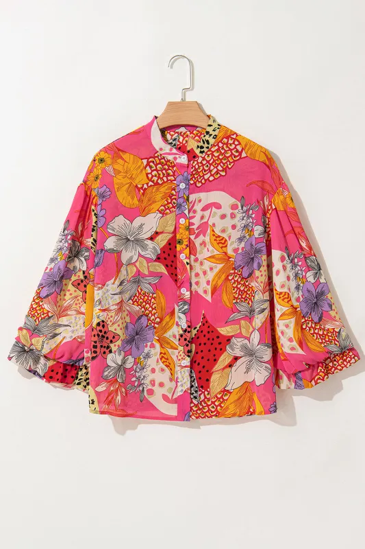 Red Abstract Floral Print Buttoned Ruffled Bubble Sleeve Shirt sold by Beagle Boutique