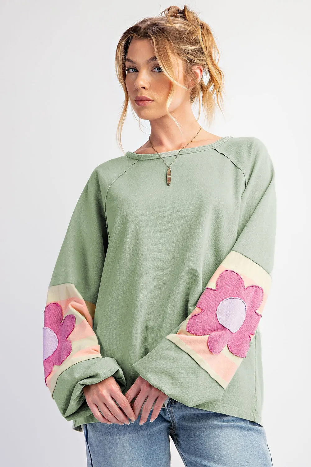 Flower Patchwork Raglan Sleeve Exposed Seam Oversized Top sold by Beagle Boutique product image thumbnail 5