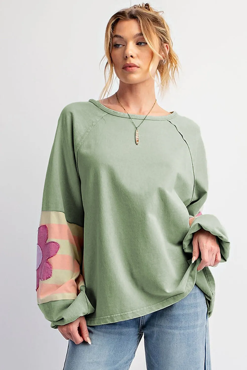 Flower Patchwork Raglan Sleeve Exposed Seam Oversized Top sold by Beagle Boutique product image thumbnail 4