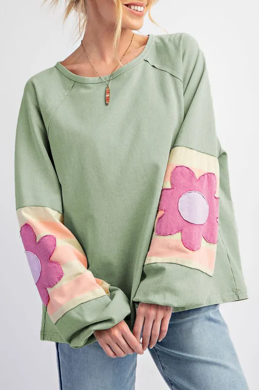 Flower Patchwork Raglan Sleeve Exposed Seam Oversized Top sold by Beagle Boutique