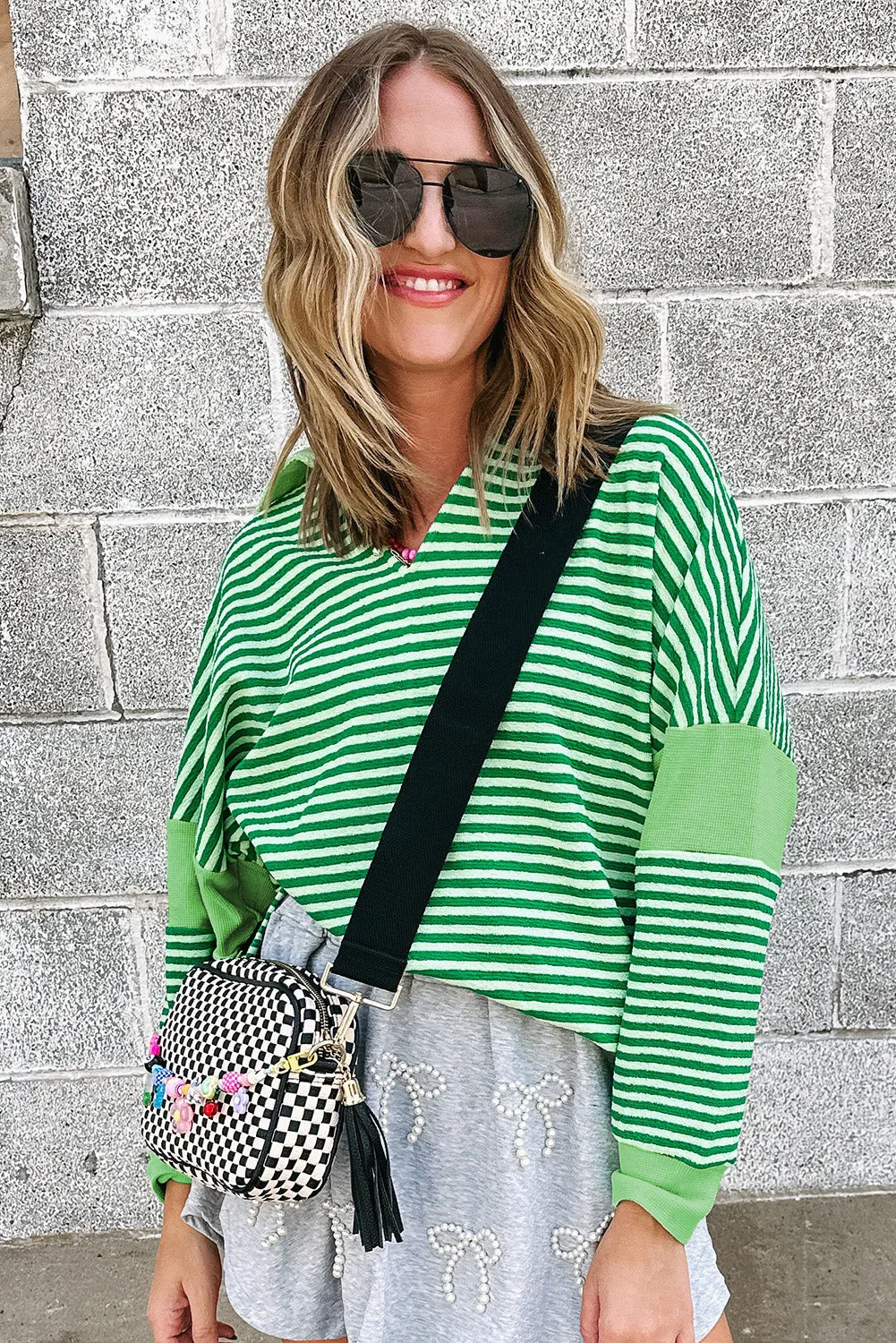 Green Stripe Turn-Down V Neck Patchwork Loose Top sold by Beagle Boutique product image thumbnail 2