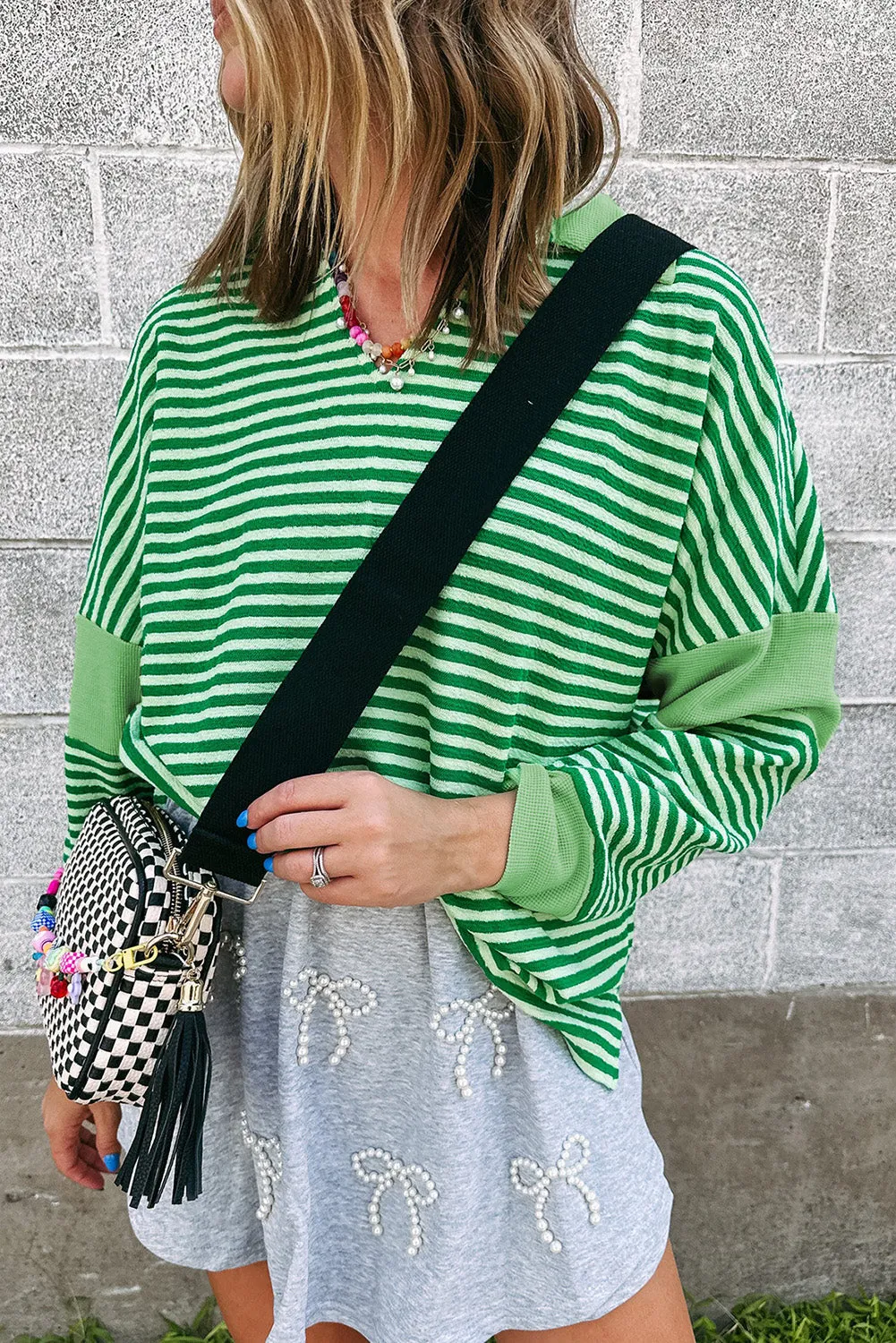 Green Stripe Turn-Down V Neck Patchwork Loose Top sold by Beagle Boutique