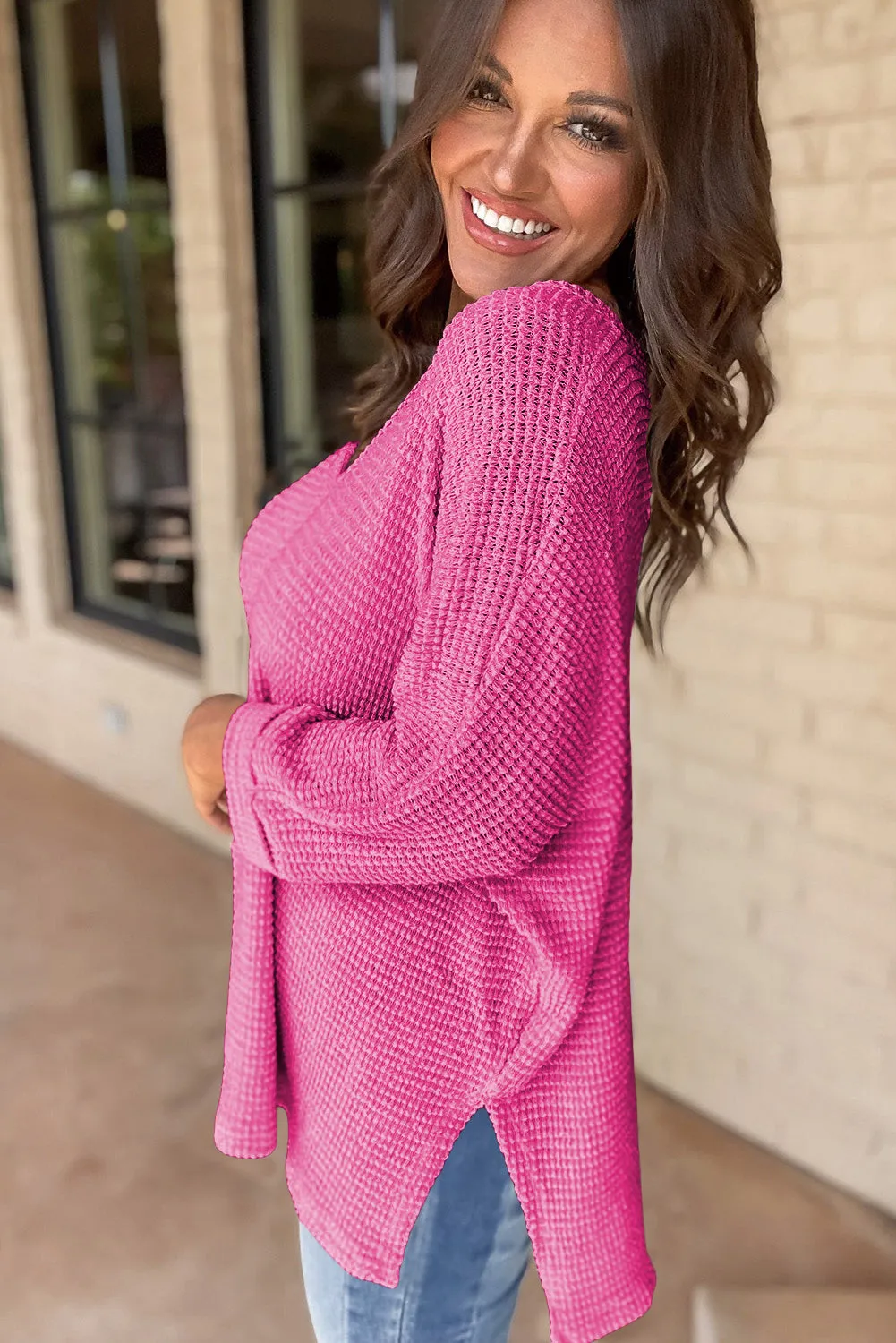 Rose Red Waffle Knit Side Slits Loose Fit V Neck Top sold by Beagle Boutique product image thumbnail 3