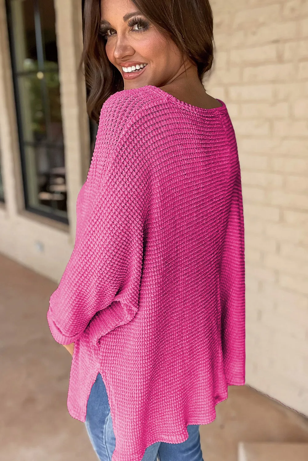 Rose Red Waffle Knit Side Slits Loose Fit V Neck Top sold by Beagle Boutique product image thumbnail 2