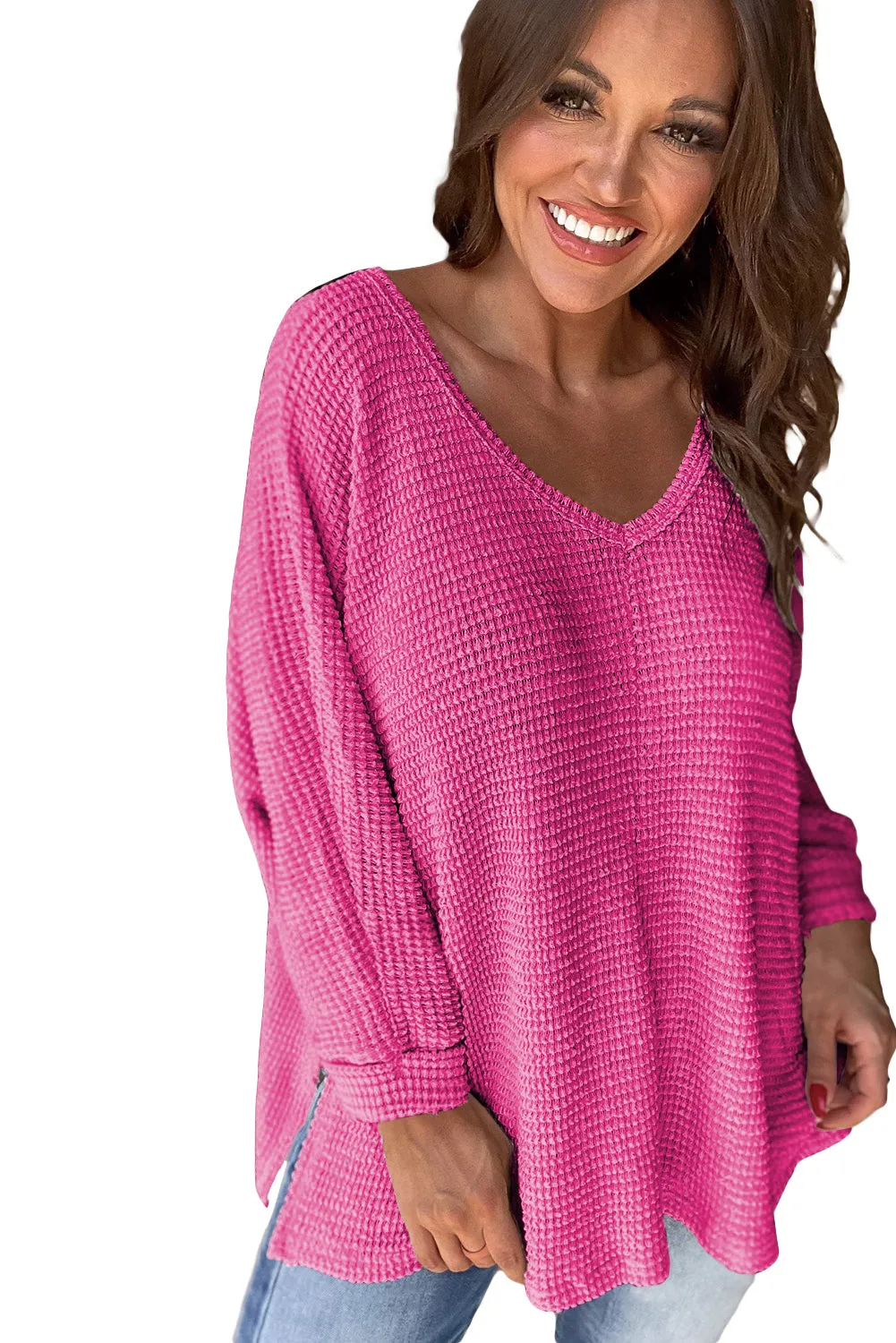 Rose Red Waffle Knit Side Slits Loose Fit V Neck Top sold by Beagle Boutique product image thumbnail 5
