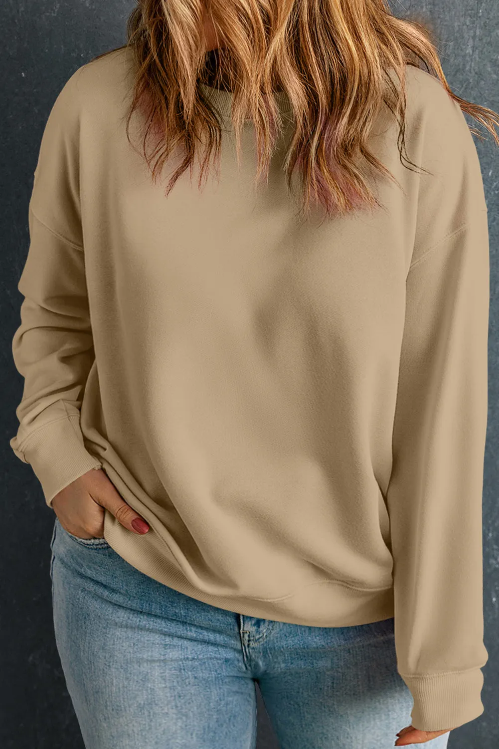 Beige Solid Crew Neck Drop Shoulder Plus Size Sweatshirt sold by Beagle Boutique