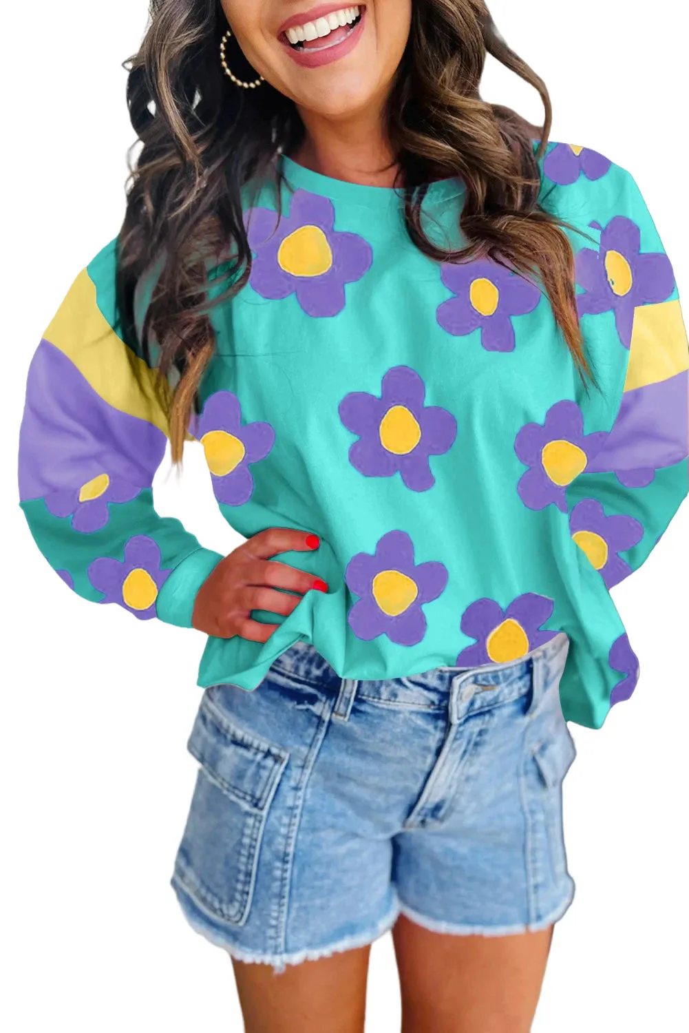Sky Blue Floral Colour Block Long Sleeve Loose Top sold by Beagle Boutique product image thumbnail 2