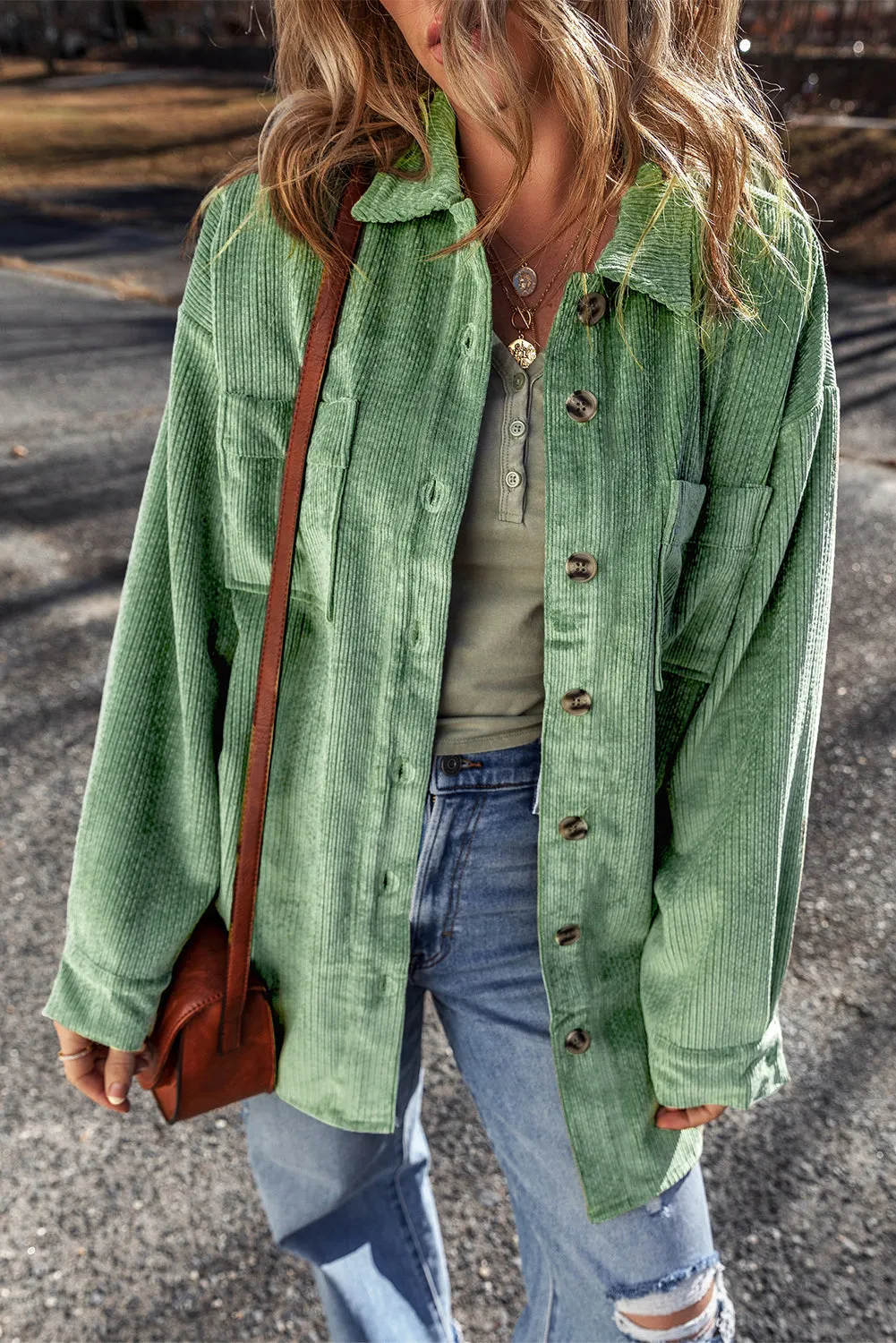 Patched Pocket Button Up Soft Corduroy Shacket sold by Beagle Boutique
