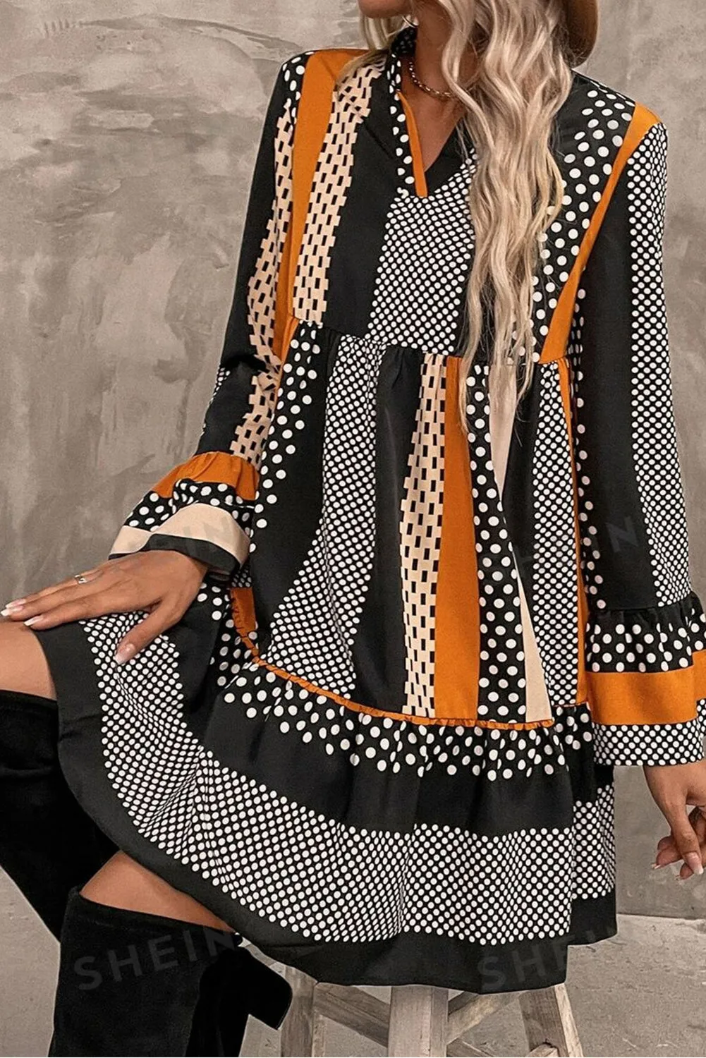 Black Striped Polka Dot Print Ruffled Hem V Neck Mini Dress sold by Beagle Boutique product image thumbnail 5