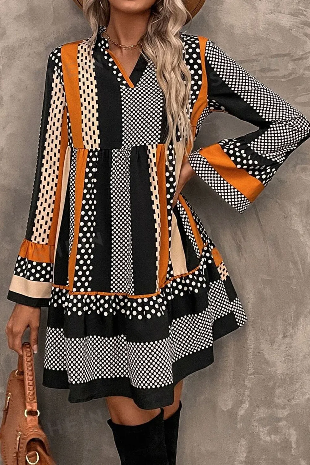 Black Striped Polka Dot Print Ruffled Hem V Neck Mini Dress sold by Beagle Boutique