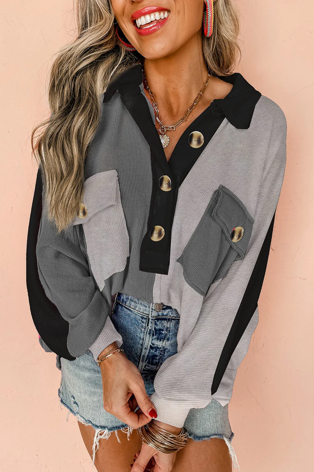 Grey Colourblock Ribbed Collared Oversized Sweatshirt sold by Beagle Boutique product image thumbnail 3