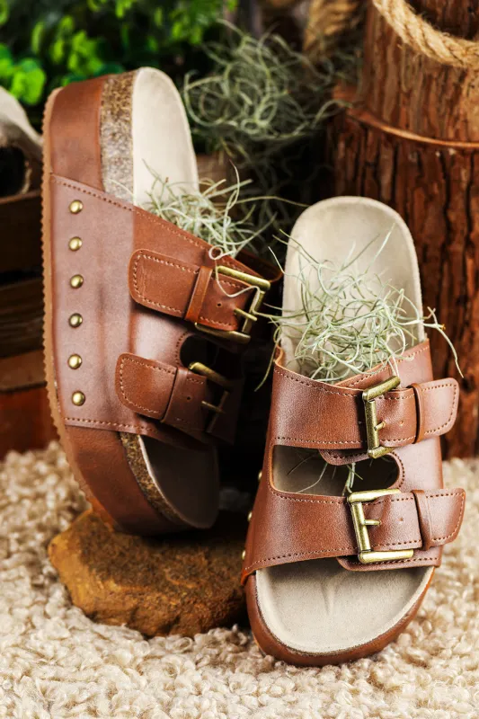 Chestnut Dual Buckle Studded Platform Sandals sold by Beagle Boutique