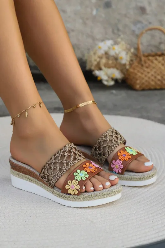 White Floral Print Braided Details Wedge Sandals sold by Beagle Boutique