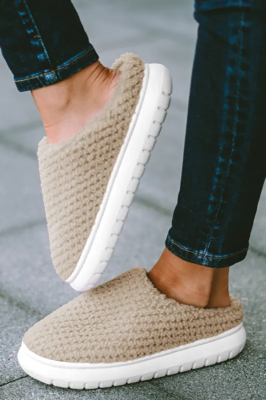 Pale Khaki Two-tone Knitted Warm Homewear Slippers sold by Beagle Boutique