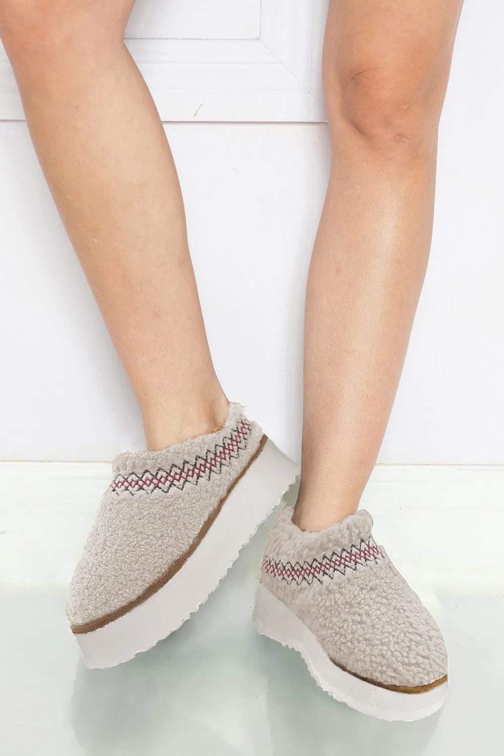 White Embroidered Sherpa Plush Thick Sole Winter Slippers sold by Beagle Boutique product image thumbnail 5
