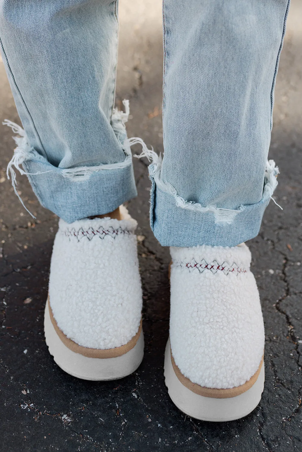 White Embroidered Sherpa Plush Thick Sole Winter Slippers sold by Beagle Boutique product image thumbnail 2