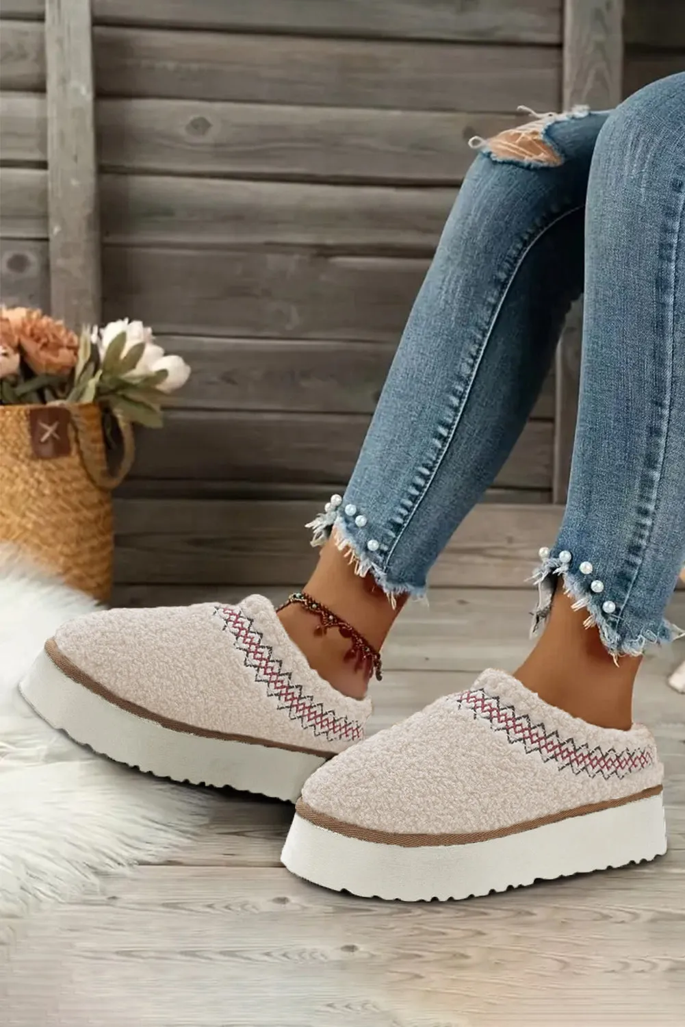 White Embroidered Sherpa Plush Thick Sole Winter Slippers sold by Beagle Boutique product image thumbnail 4