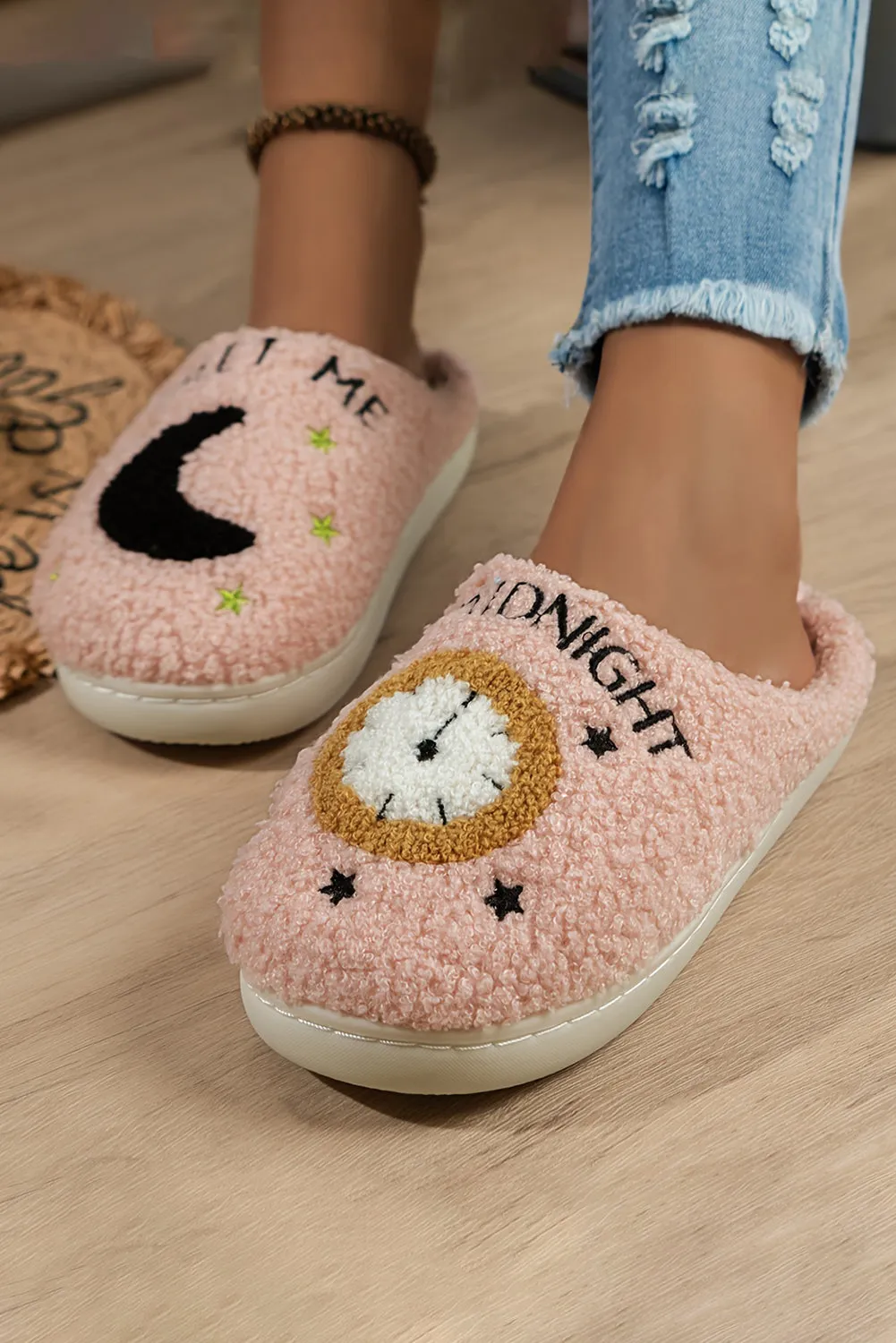 Moon & Clock Pattern Fuzzy Home Slippers sold by Beagle Boutique