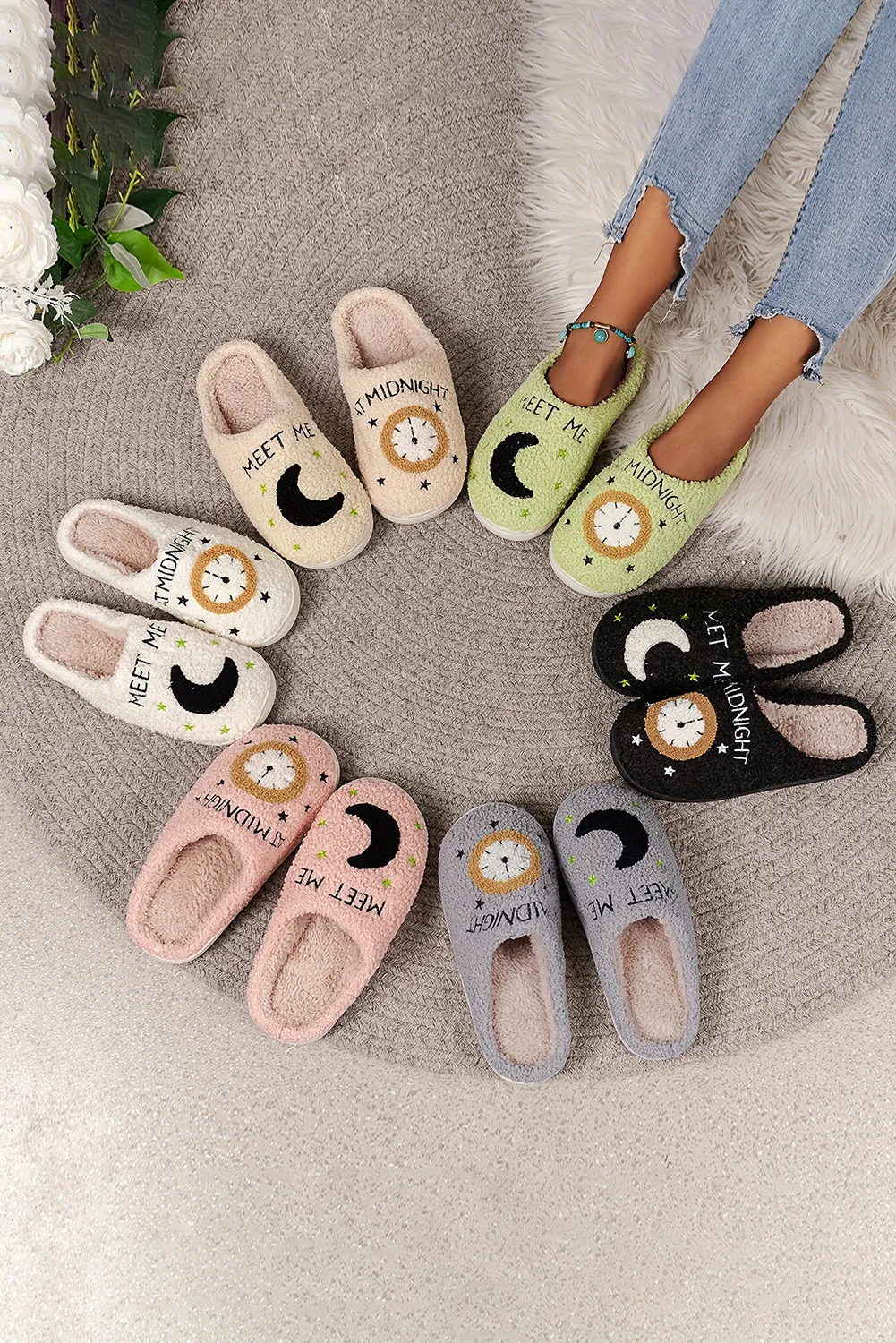 Moon & Clock Pattern Fuzzy Home Slippers sold by Beagle Boutique product image thumbnail 4