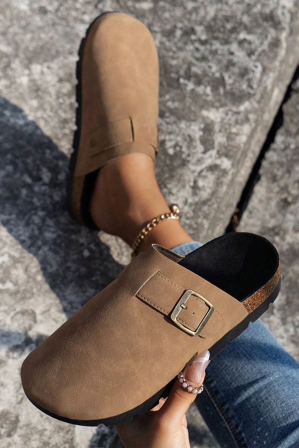 Light French Beige Suede Buckle Detail Sandals Clogs sold by Beagle Boutique