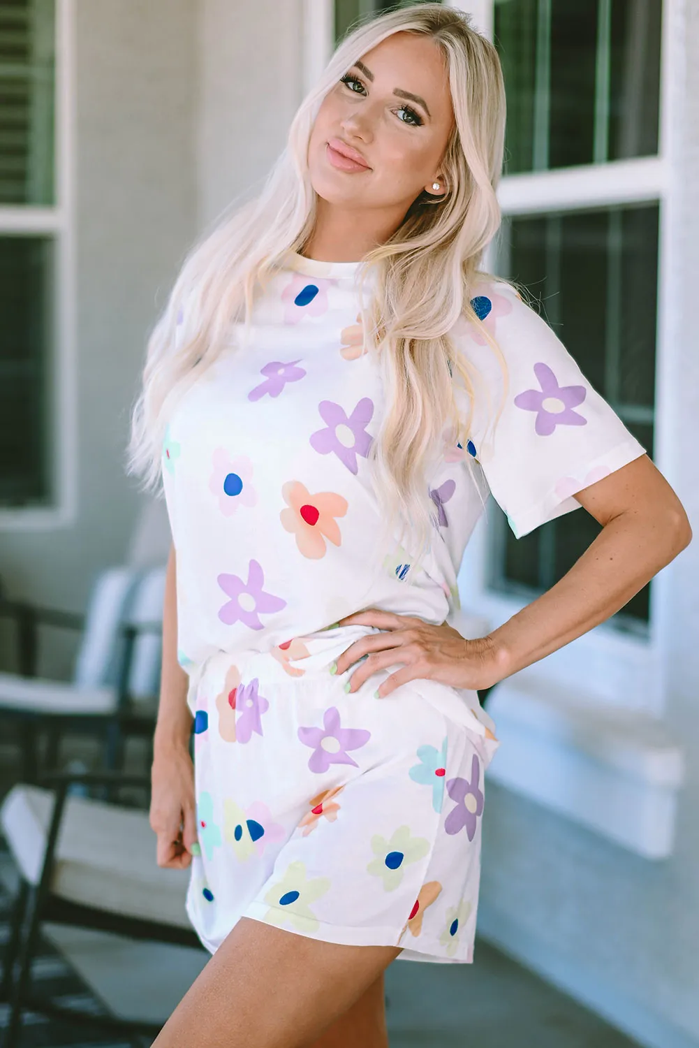 White Flower Print Short Sleeve High Waist Two Piece Loungewear sold by Beagle Boutique product image thumbnail 3