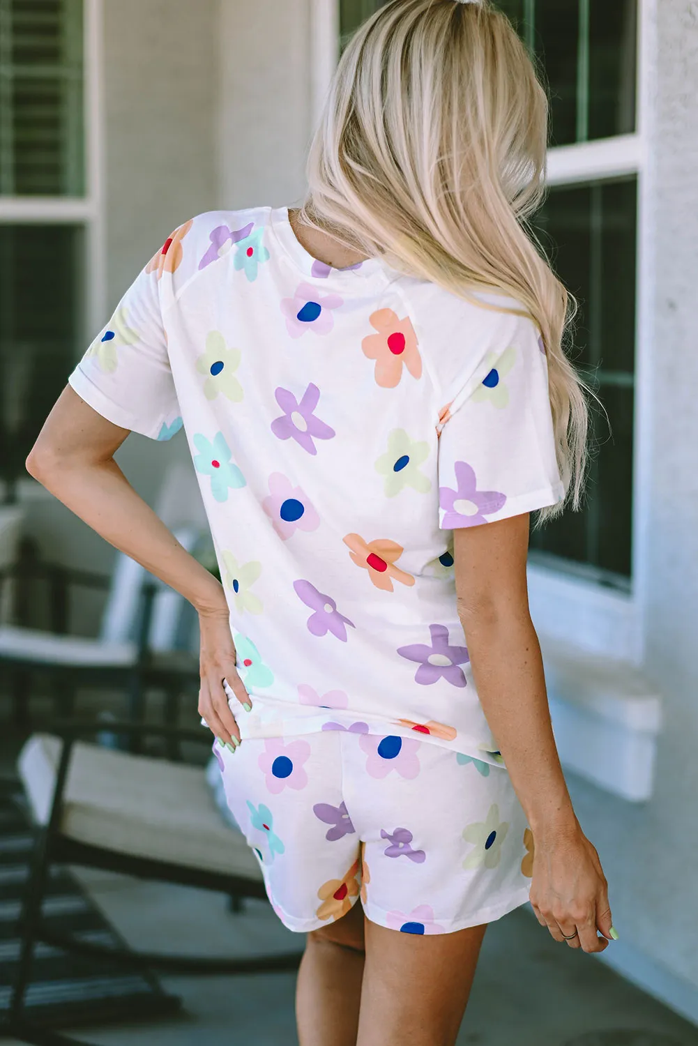 White Flower Print Short Sleeve High Waist Two Piece Loungewear sold by Beagle Boutique product image thumbnail 2