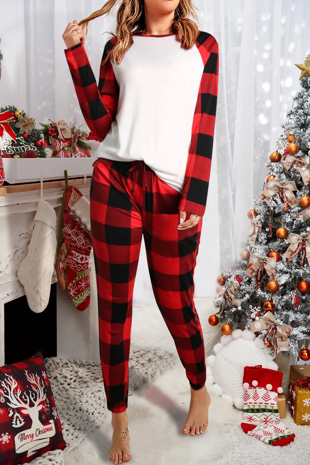 Fiery Red Plaid Raglan Sleeves Top and Drawstring Pants Pyjama Set sold by Beagle Boutique