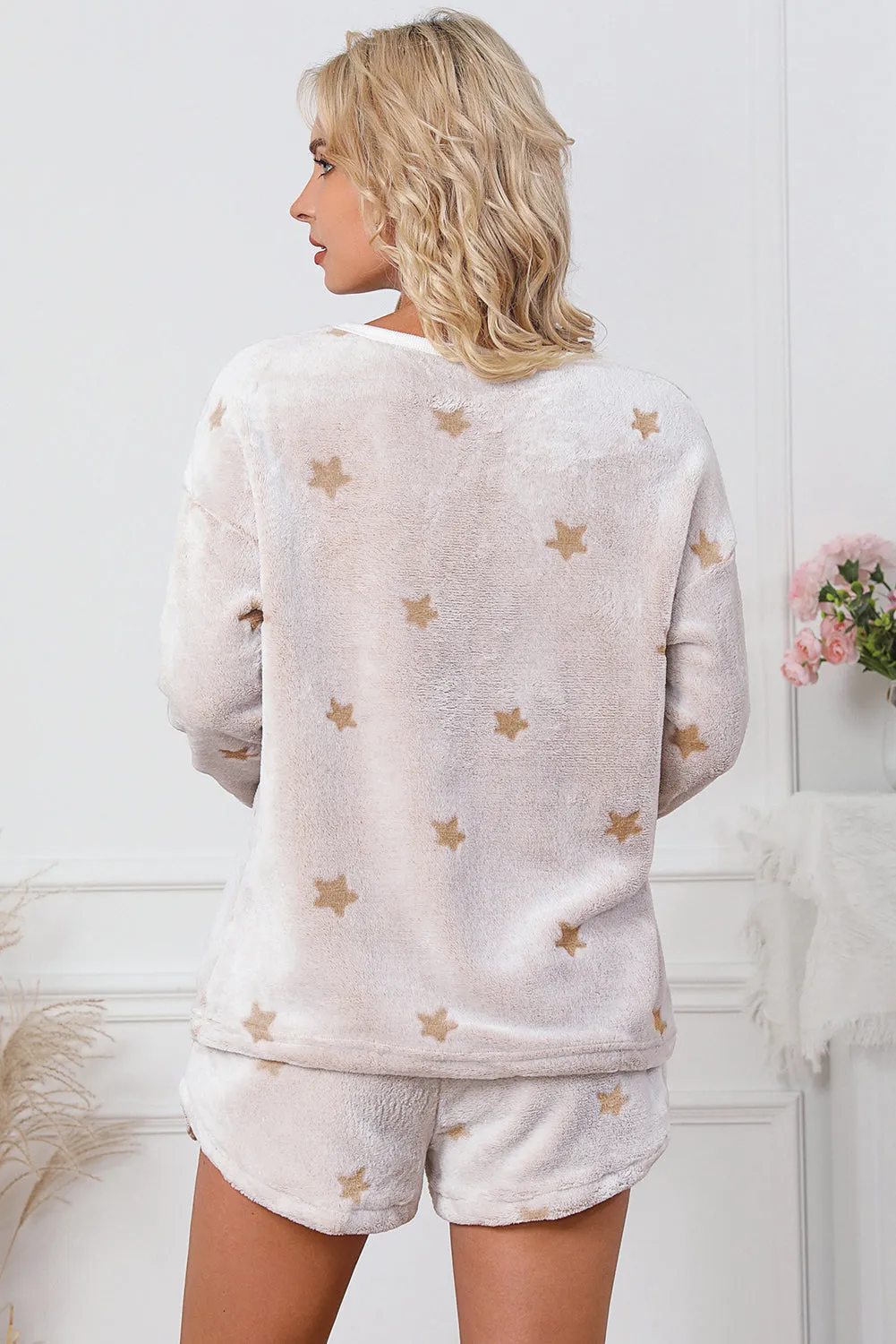 White Plush Star Pattern Long Sleeve Pullover and Shorts Lounge Set sold by Beagle Boutique product image thumbnail 5