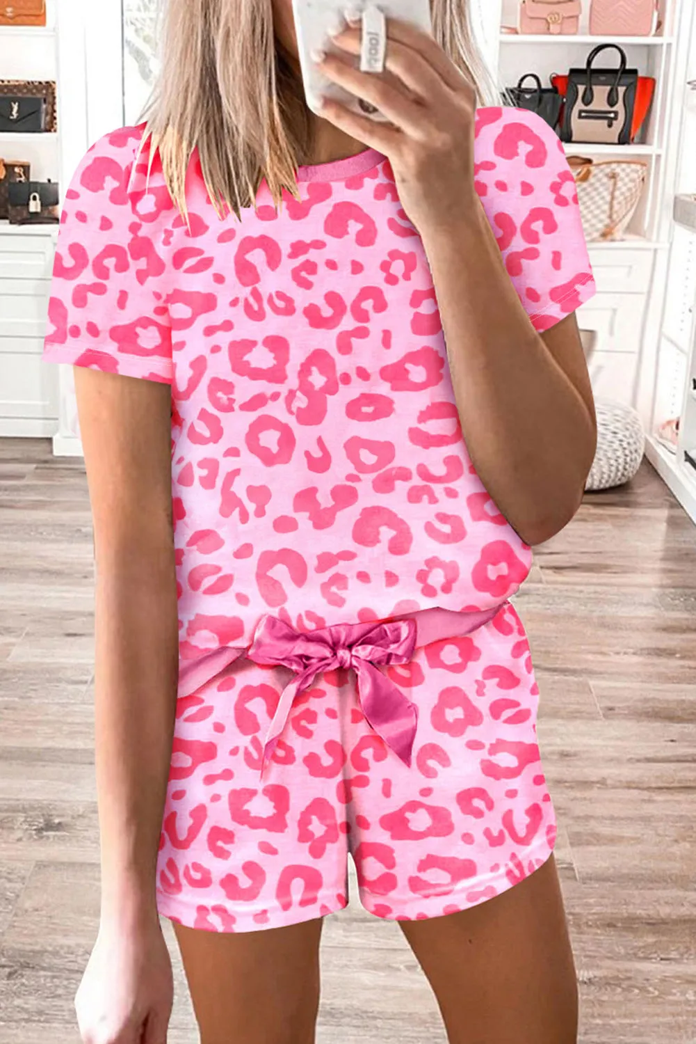 Pink Leopard Print Tee and Satin Tie Shorts Lounge Set sold by Beagle Boutique product image thumbnail 3
