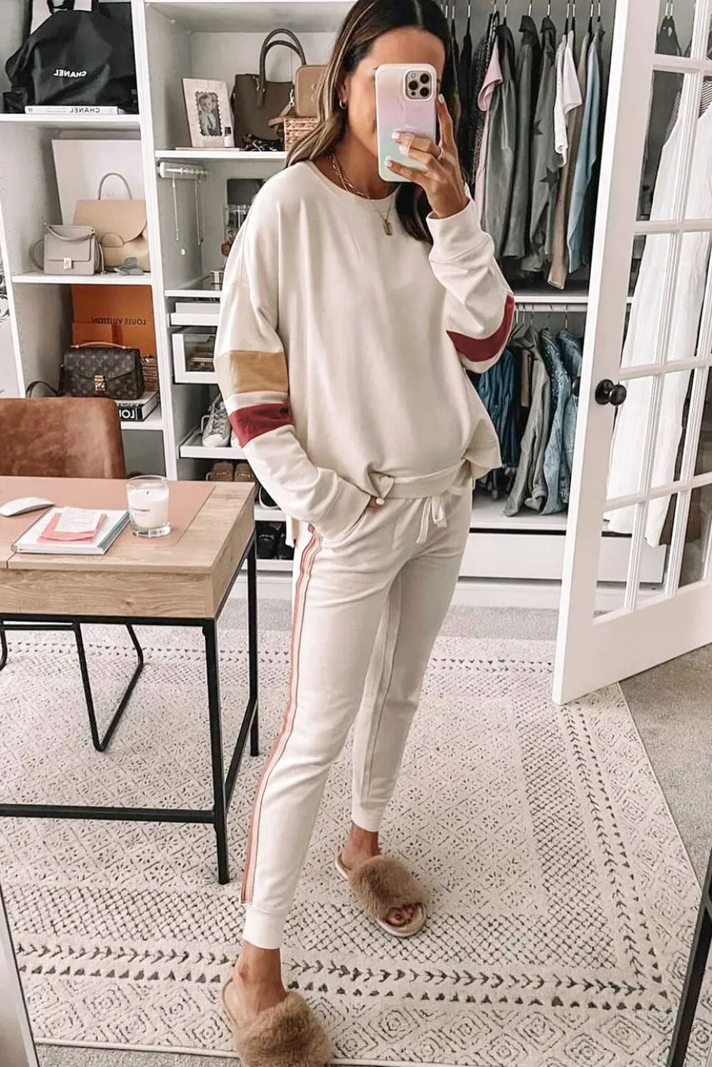 White Colour Block Sleeve Contrast Trim Sideseam Lounge Set sold by Beagle Boutique product image thumbnail 2