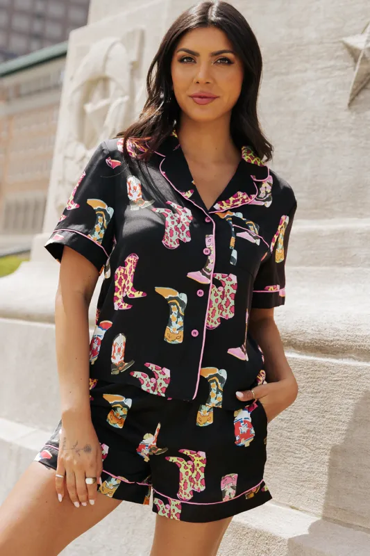 Black Western Boots Printed Short Pyjama Set sold by Beagle Boutique