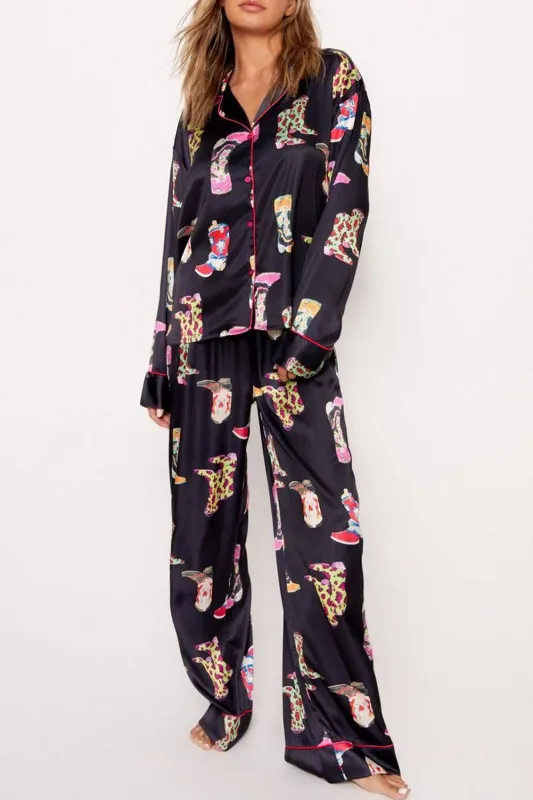 Black Western Cowgirl Boots Printed Satin Long Pajama Set sold by Beagle Boutique