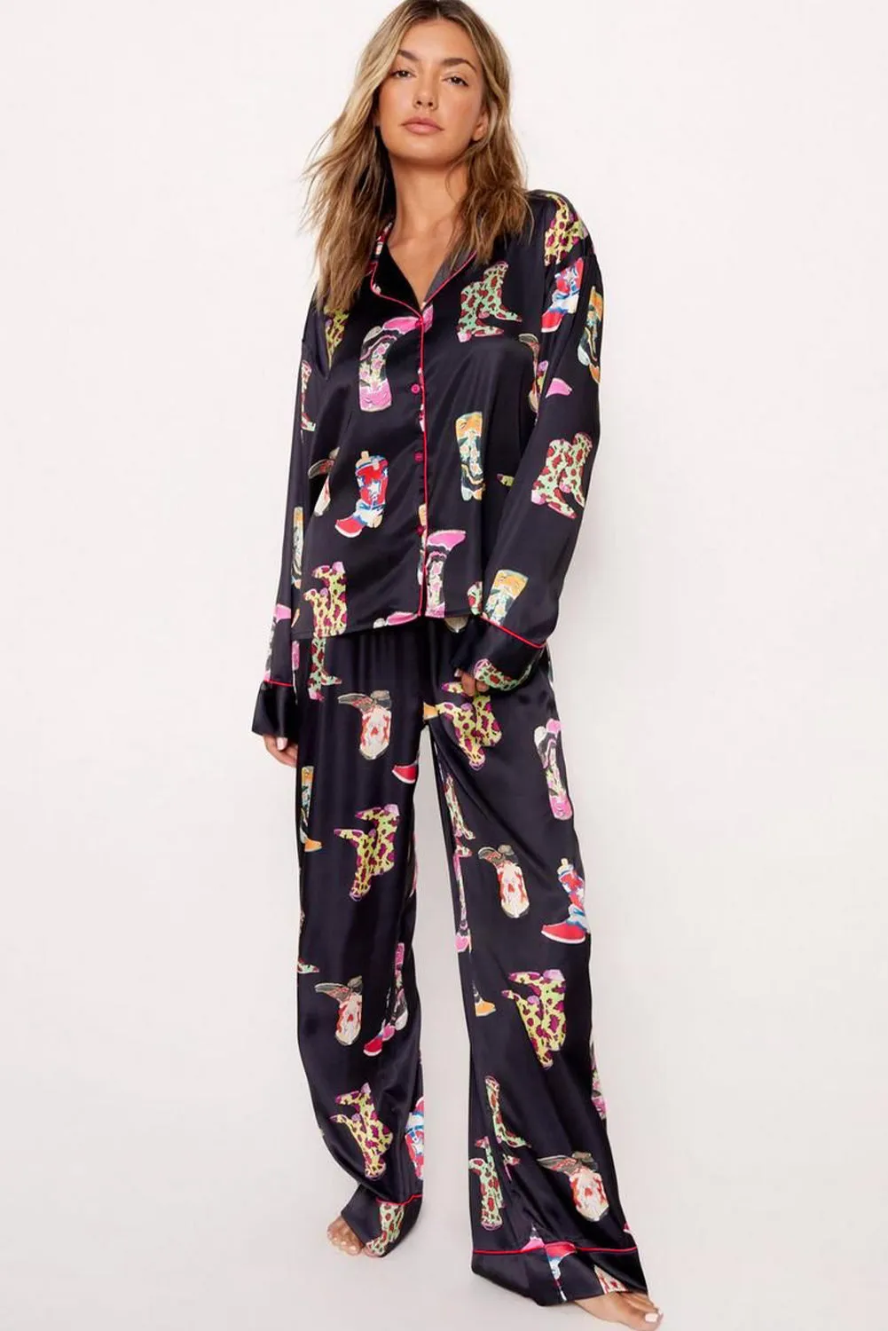 Black Western Cowgirl Boots Printed Satin Long Pajama Set sold by Beagle Boutique product image thumbnail 4